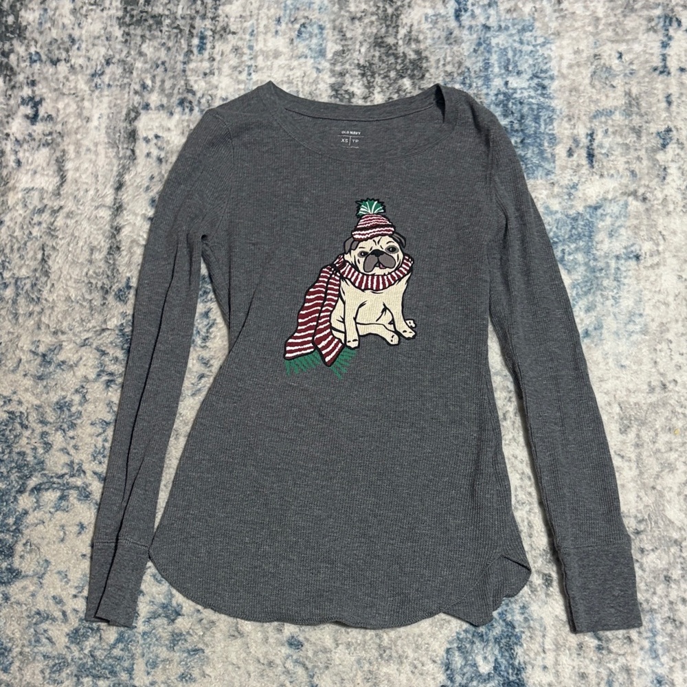 Old Navy Gray Shirt with Festive Pug Design